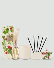 Raspberry & Rhubarb Festive Favourites bundle with candle, diffuser, Scent Stems and bauble gift packaging.