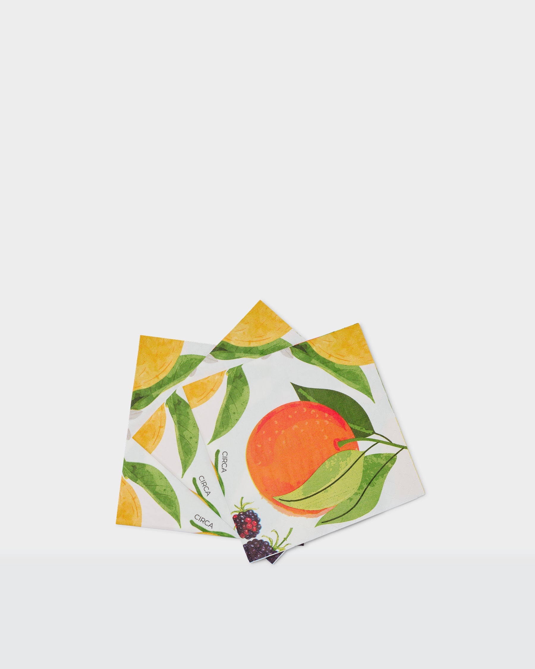 Summer paper cocktail napkins with an orange, green leaves and small floral details.