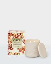 Gingerbread Cookies 300g Soy Candle with embossed ceramic vessel and lid beside its front-facing gingerbread-print box.
