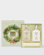 Mango & Papaya Hand Wash, Hand Lotion and ceramic tray presented in an open botanical Christmas gift box.