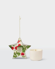 Raspberry & Rhubarb 70g ceramic candle beside front-facing star-shaped hanging gift packaging.