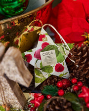 Raspberry & Rhubarb star-shaped hanging gift packaging nestled among Christmas greenery and decorations.