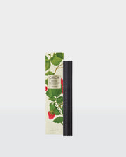 Five Raspberry & Rhubarb replacement Scent Stems beside their front-facing botanical packaging.