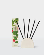 Raspberry & Rhubarb replacement Scent Stems displayed in a ceramic holder, sold separately, beside their packaging.