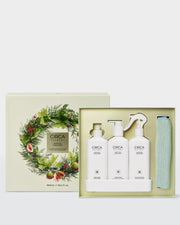 White Tea & Wild Mint Kitchen Trio with draining tray and microfibre towel in an open botanical Christmas gift box.